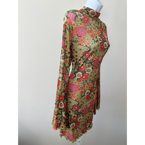 Boho Fairycore Dress 1X Mini 70s Retro Sheer Floral Mesh Bell Sleeve Lettuce Hem - Picture 10 of 13